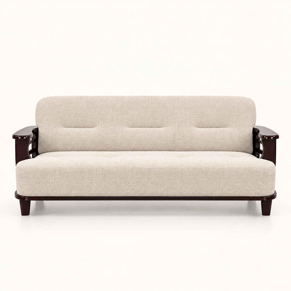 Warm Ivory Curved-Arm Teak Wood Sofa Set (3+1+1) main sofa view