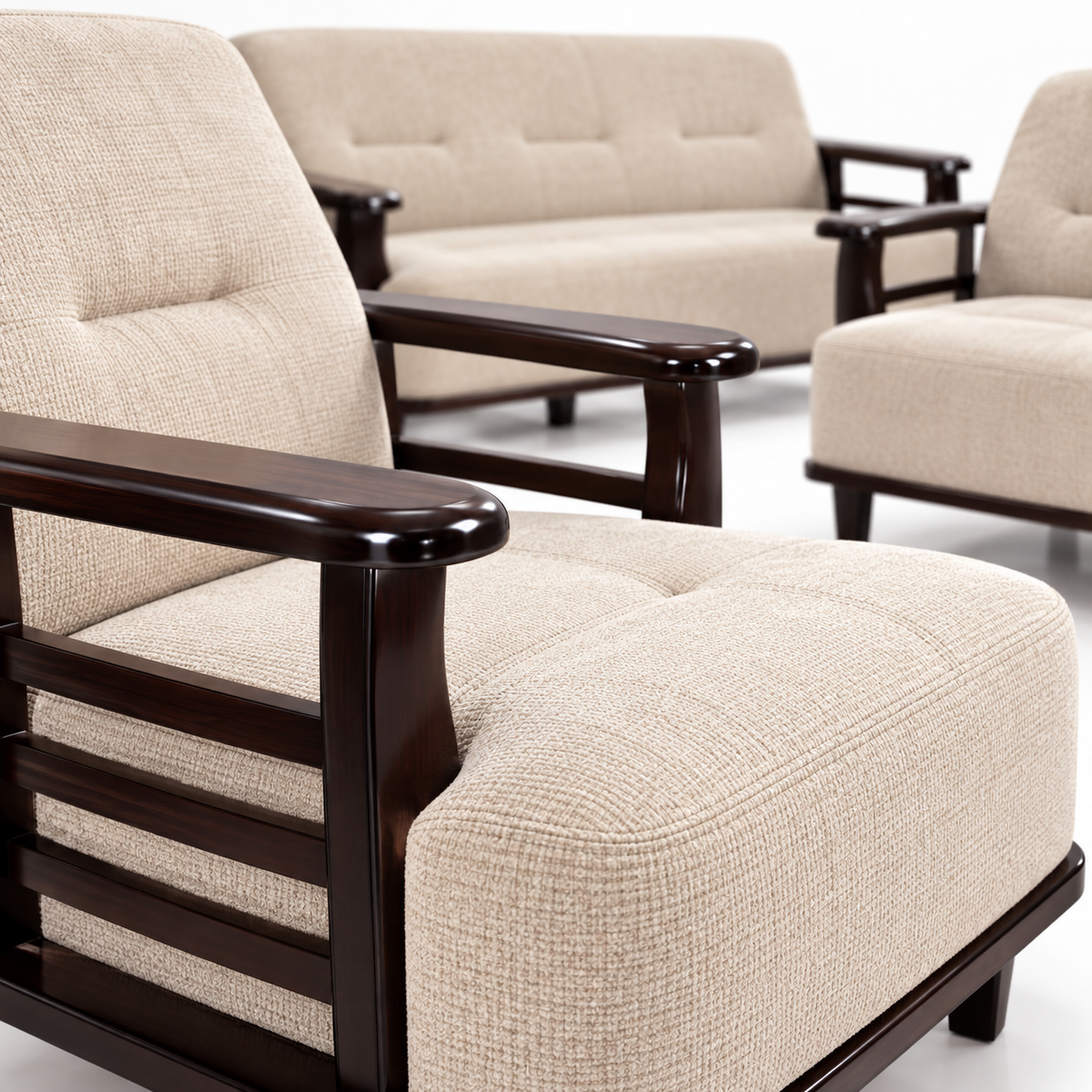 Warm Ivory Curved-Arm Teak Wood Sofa Set (3+1+1) material close up view