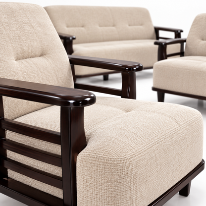 Warm Ivory Curved-Arm Teak Wood Sofa Set (3+1+1) material close up view