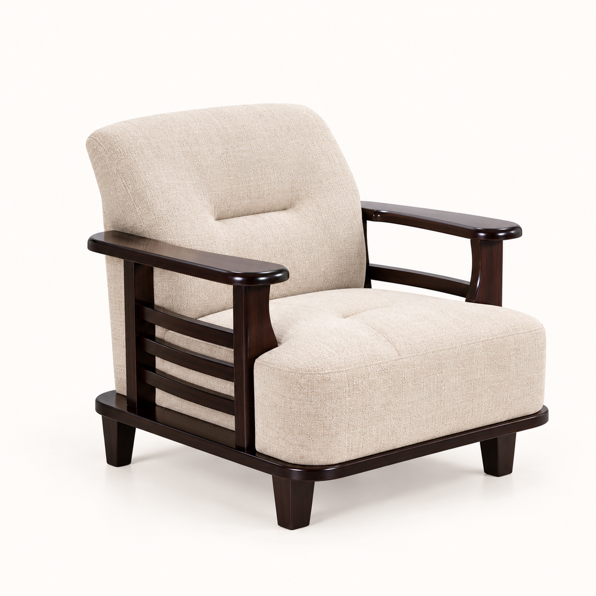 Warm Ivory Curved-Arm Teak Wood Sofa Set (3+1+1) single seater view