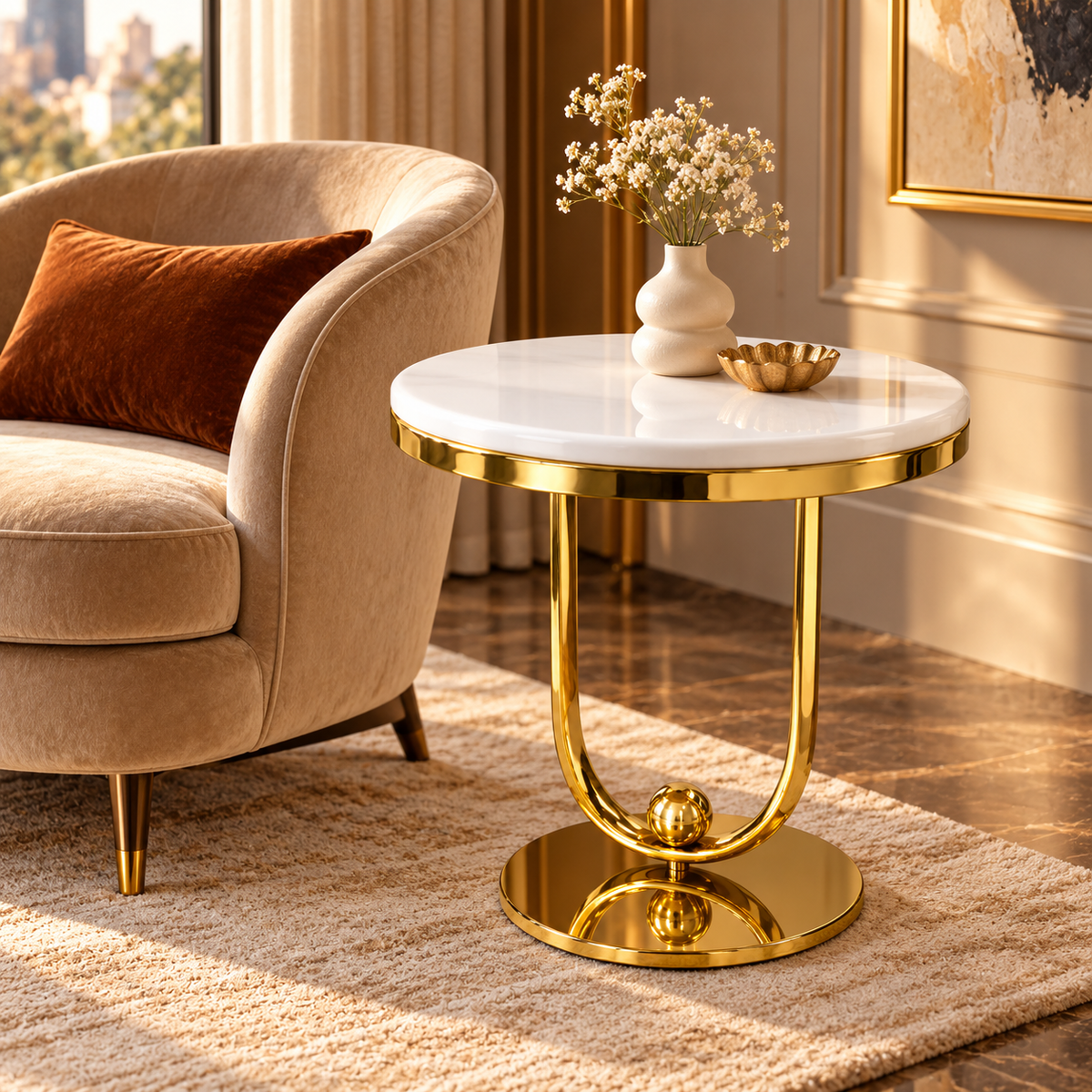 White Marble Gold Statement Side Table - living room lifestyle view