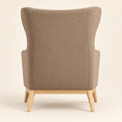 Back view of beige wingback lounge chair
