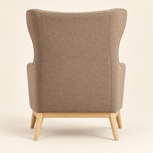 Back view of beige wingback lounge chair