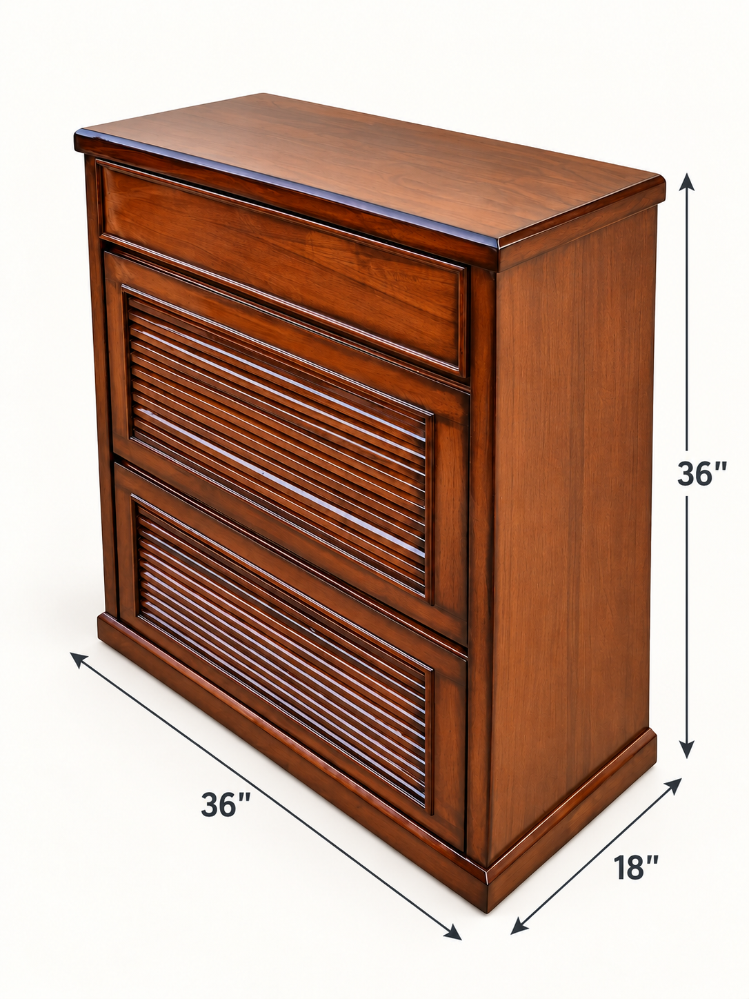 Classic Wooden Shoe Rack with Drawer and Two Pull-Out Compartments — dimension diagram; 36 in L × 18 in D × 36 in H