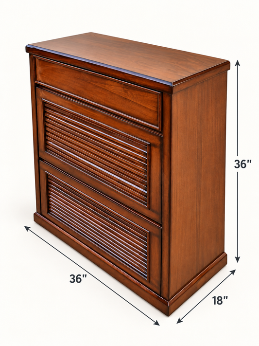 Classic Wooden Shoe Rack with Drawer and Two Pull-Out Compartments — dimension diagram; 36 in L × 18 in D × 36 in H