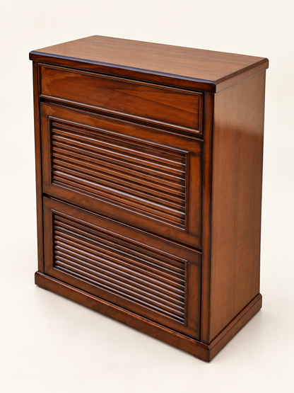 Classic Wooden Shoe Rack with Drawer and Two Pull-Out Compartments — front studio view