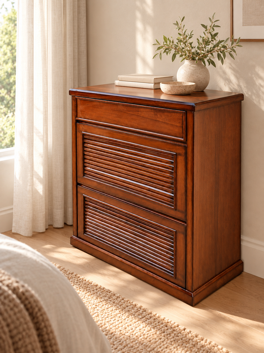 Classic Wooden Shoe Rack with Drawer and Two Pull-Out Compartments — styled room