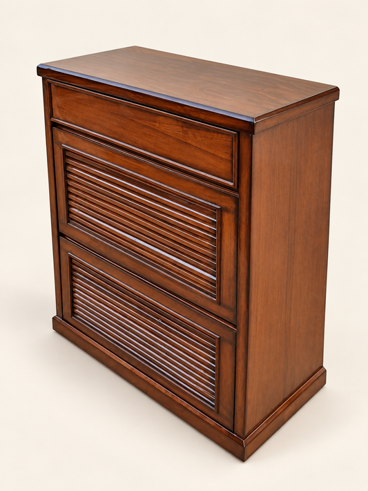 Classic Wooden Shoe Rack with Drawer and Two Pull-Out Compartments — side studio view