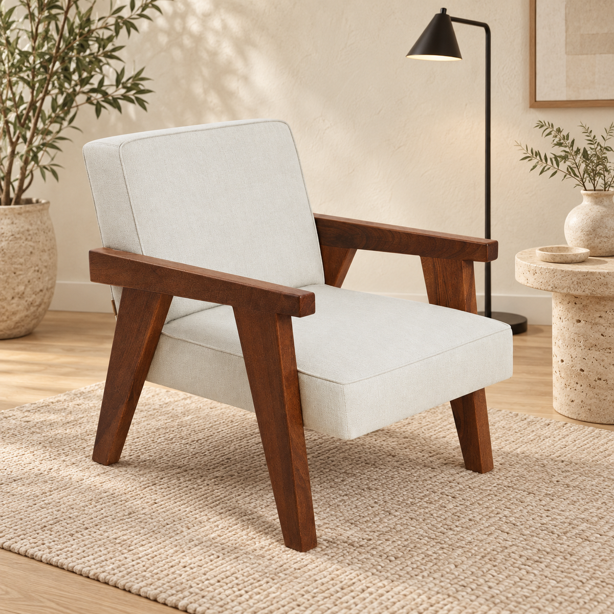 Wooden Frame Cream Accent Chair – lifestyle view, Latest Furniture