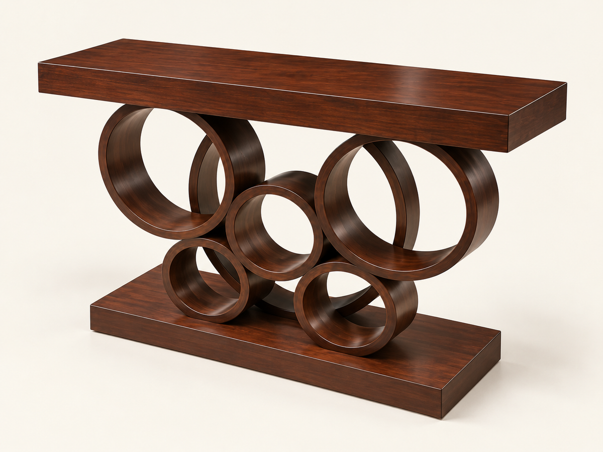 Wooden Ring Console Table — side studio view