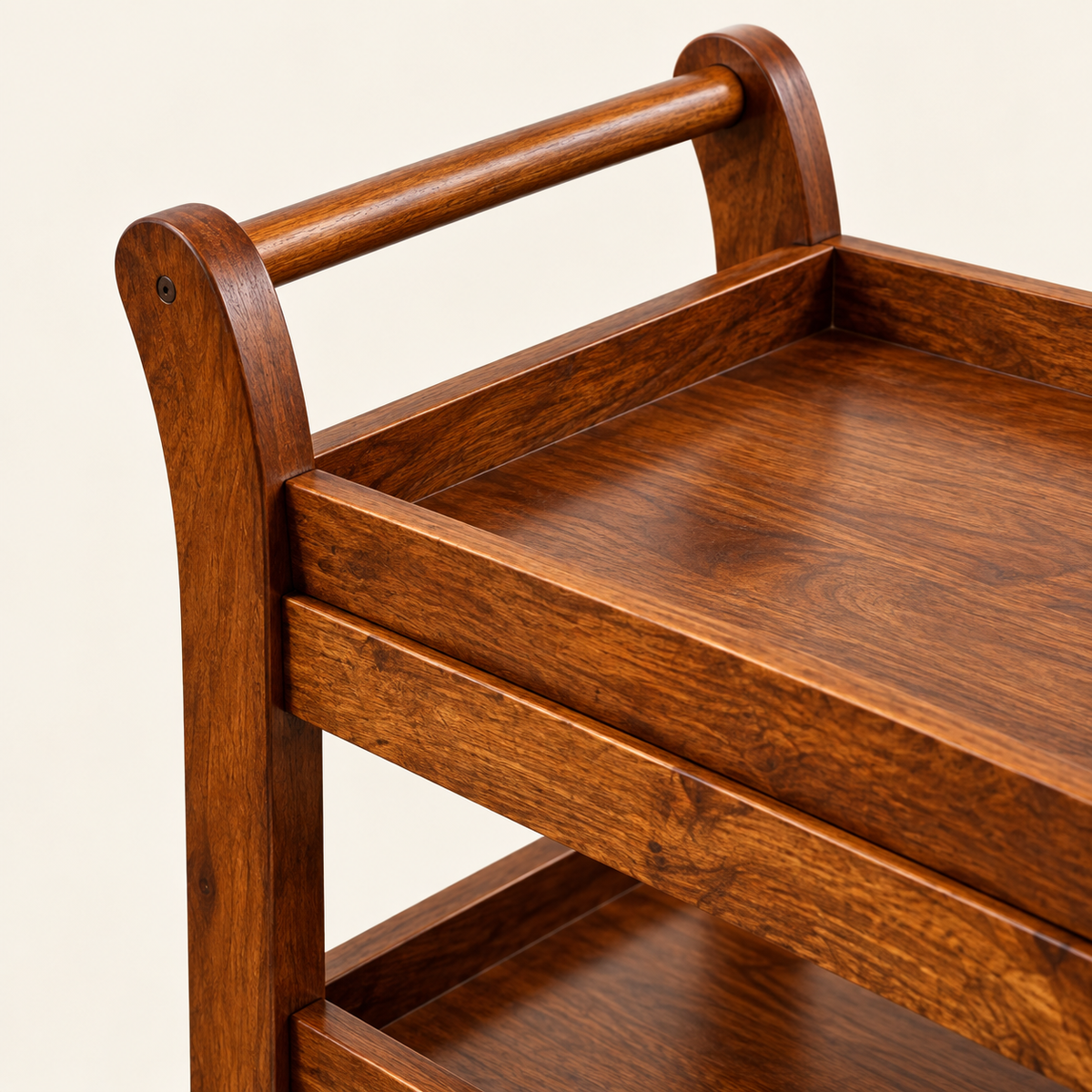Wooden serving trolley handle and raised tray edges