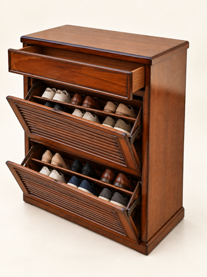 A wooden shoe cabinet with three drawers, shown with the lower two drawers open to display shoes stored inside. The cabinet is made of warm medium-brown wood with dark brown trim, set against a plain light beige background.