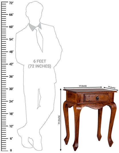 Wooden Side Table with Drawer and Curved Legs dimension image showing 23″ W × 16″ D × 31″ H.