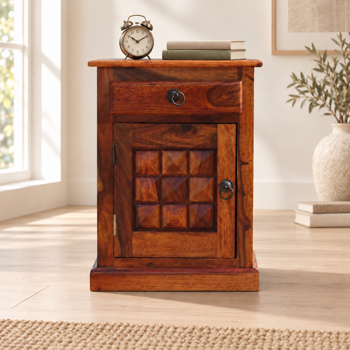 Cross-Jali Bedside Table with Cabinet styled beside a bed