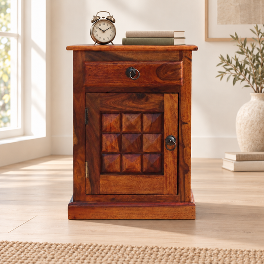 Cross-Jali Bedside Table with Cabinet styled beside a bed