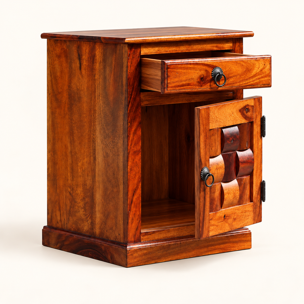 Cross-Jali Bedside Table with Cabinet studio view showing the open storage