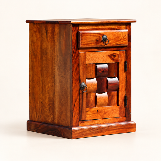 Cross-Jali Bedside Table with Cabinet clean studio view with storage closed
