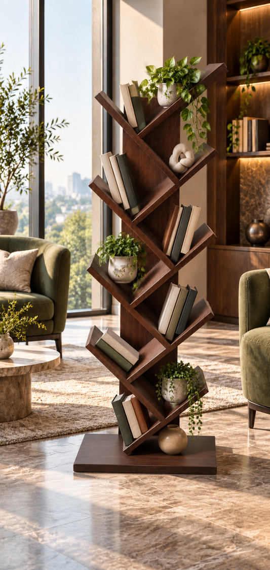 A modern dark wood geometric bookshelf with a spiral, tree-like design, styled with books and potted plants in a bright, contemporary living room.